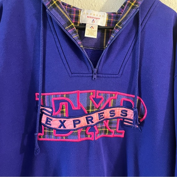 Vintage 90’s Express Athletique Purple and Plaid Embroidered Hoodie Size Small - Picture 2 of 11